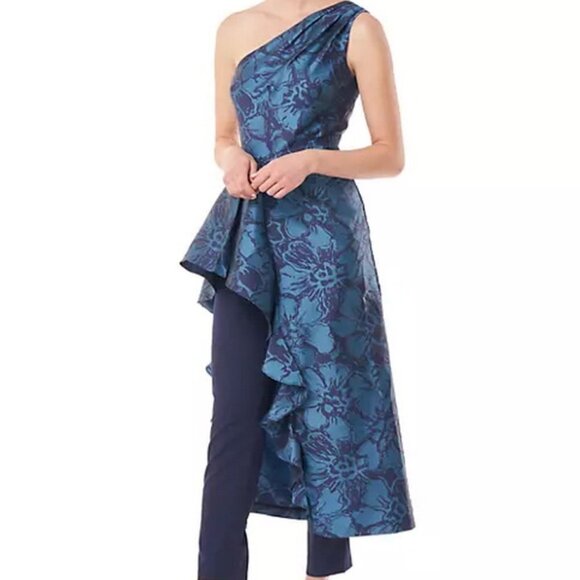 Kay Unger Pants - Kay Unger Baltic Blue Floral Jacquard Walk-Through Jumpsuit